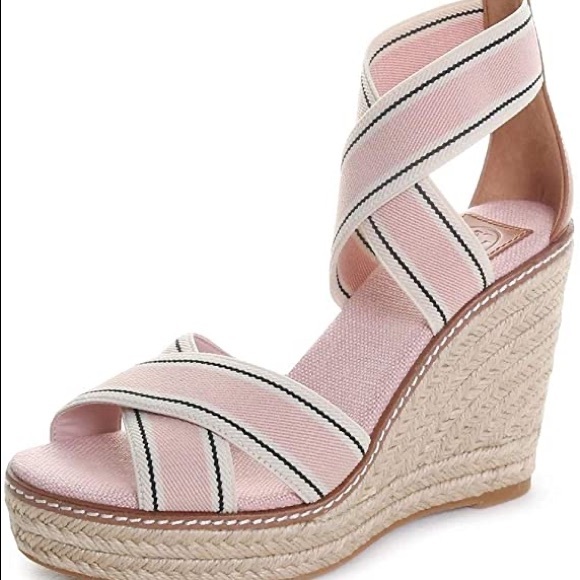 Tory Burch Frieda Pink/Tan Espadrille Wedge Sandal - Picture 2 of 9